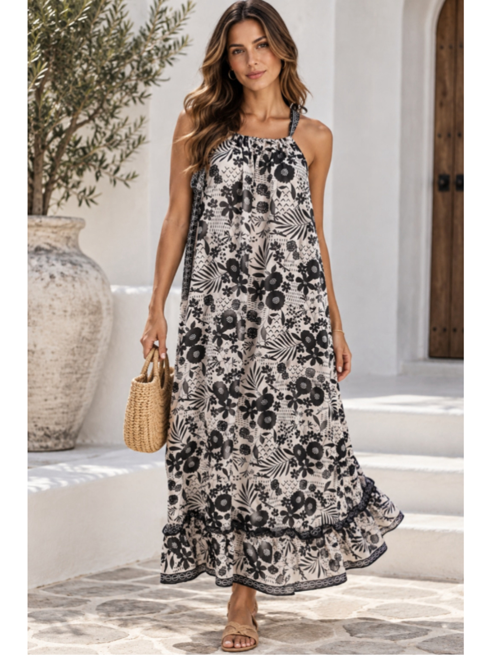 Max Studio XL Black White Floral Maxi Dress Halter Open Back Boho Ruffle NWOT